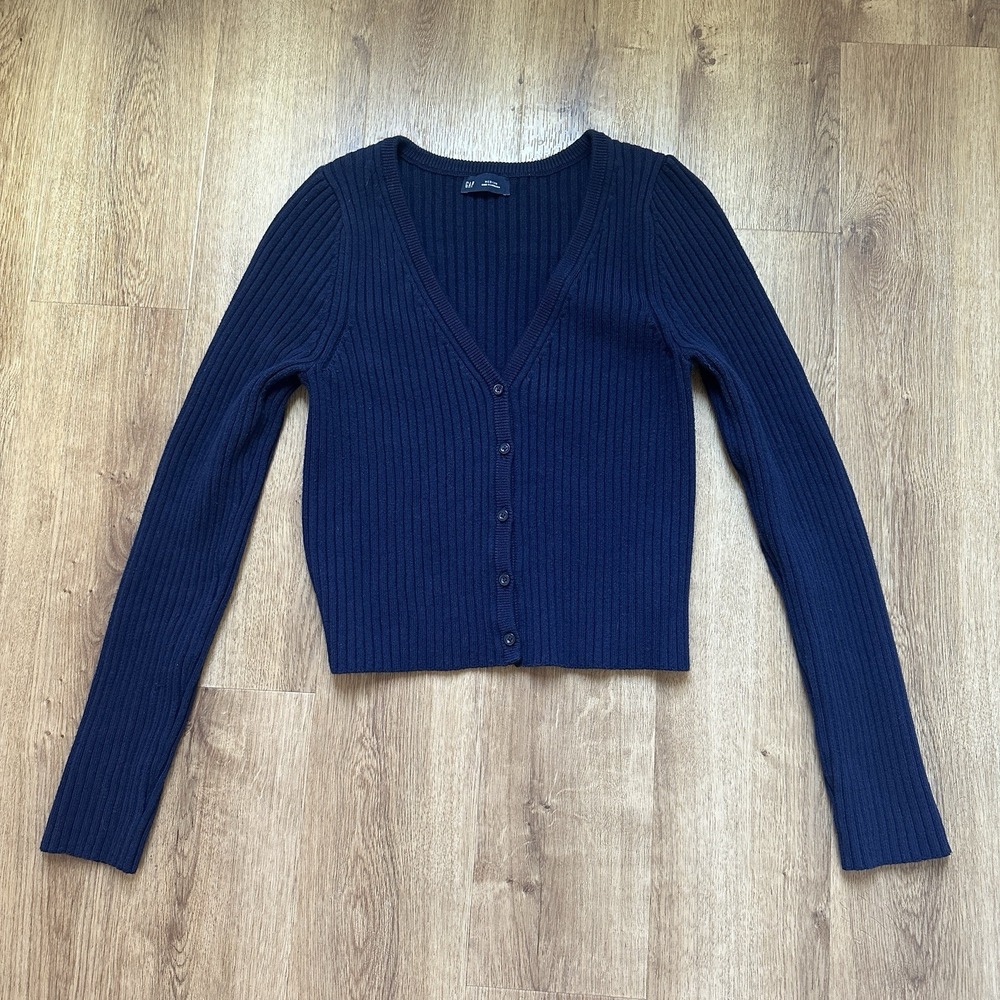Gap Women's Navy Cotton Ribbed Cropped V Neck Cardigan Size M